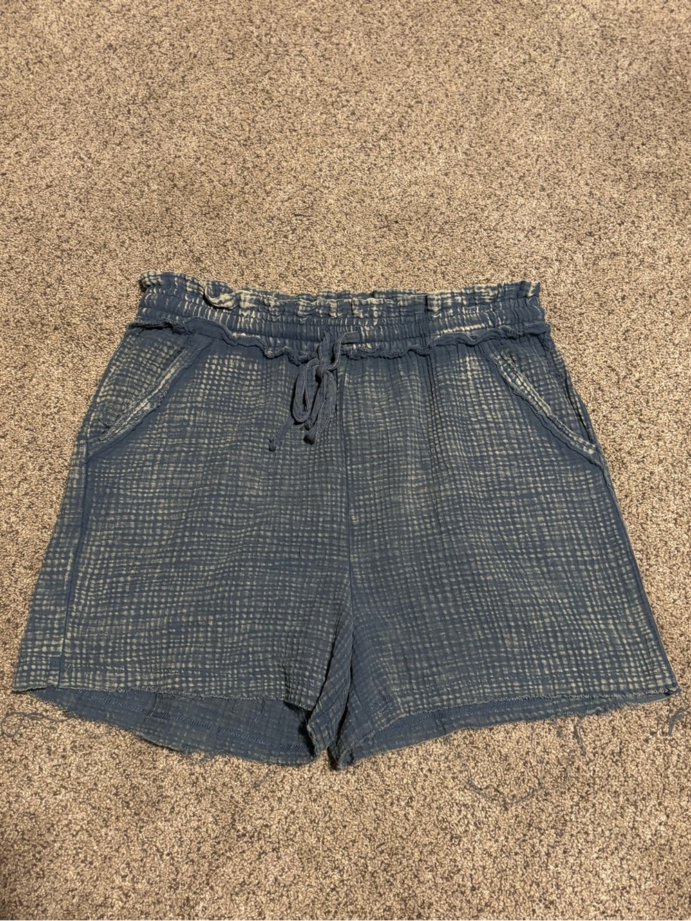 Zenana Outfitters Textured High-Waist Drawstring Shorts - Blue